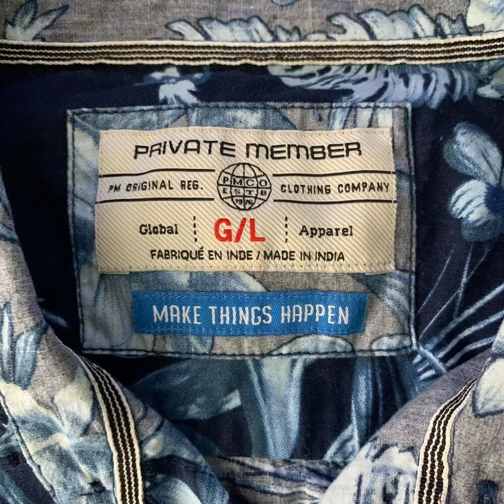 Private Member Button Up Hawaiian Shirt L Blue Floral Short Sleeves Pocket